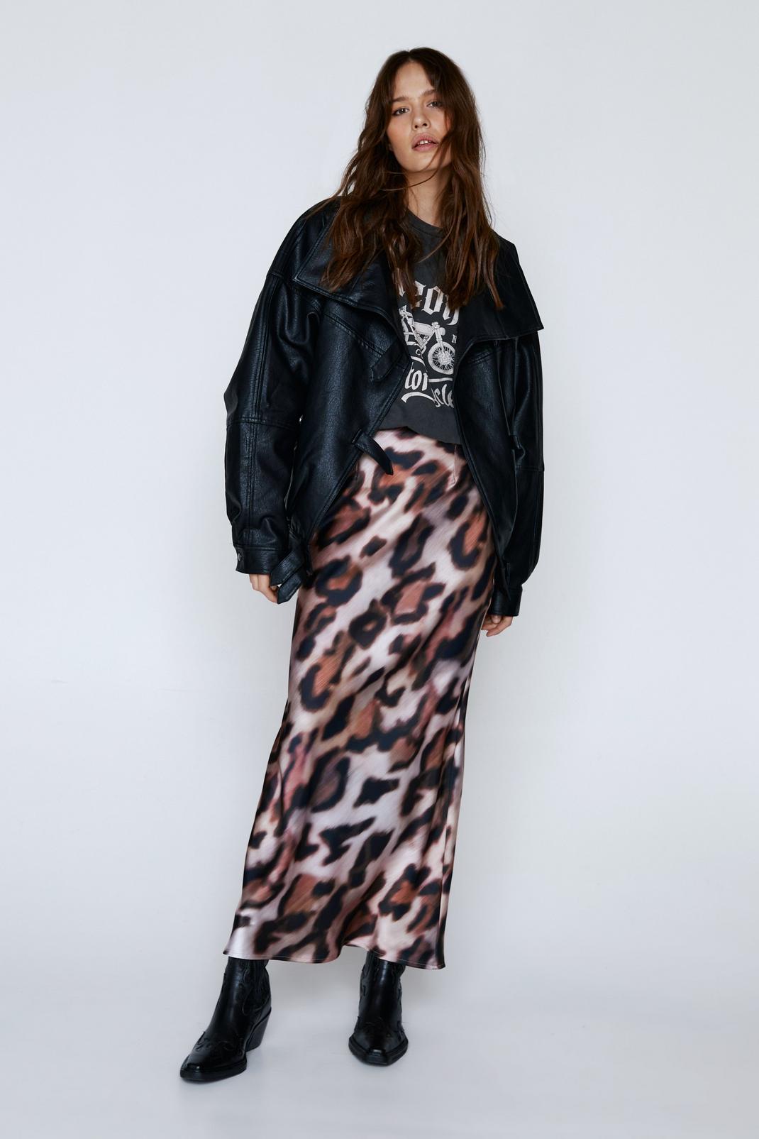 Brown Leopard Satin Bias Maxi Skirt image number 1