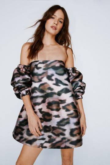 Leopard Print Bardot Structured Mini Dress brown