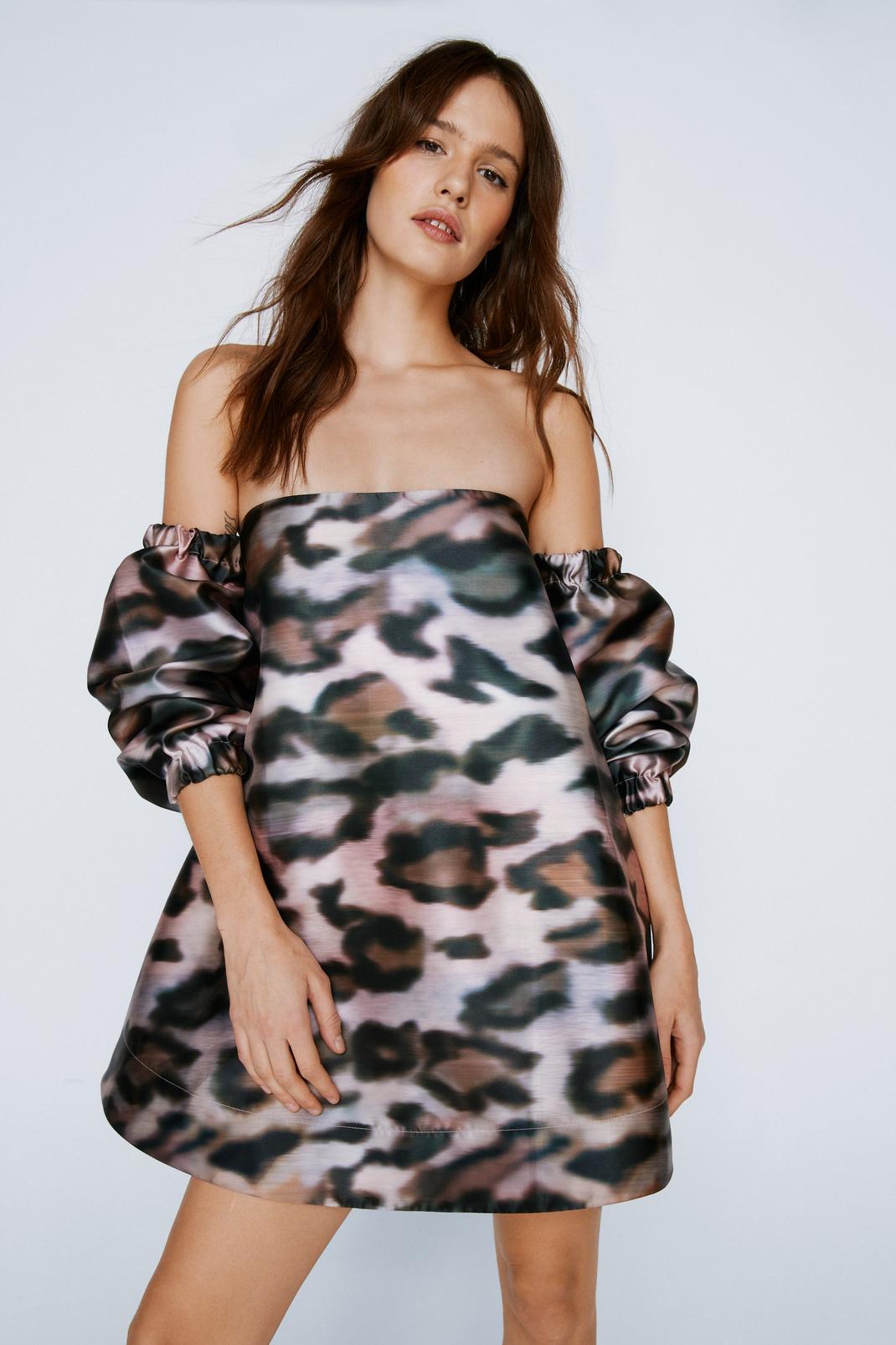 Brown Leopard Print Bardot Structured Mini Dress image number 1