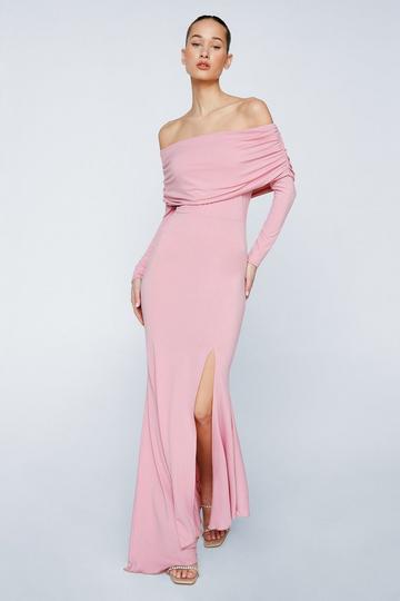 Pink Fold Over Bardot Long Sleeved Dress