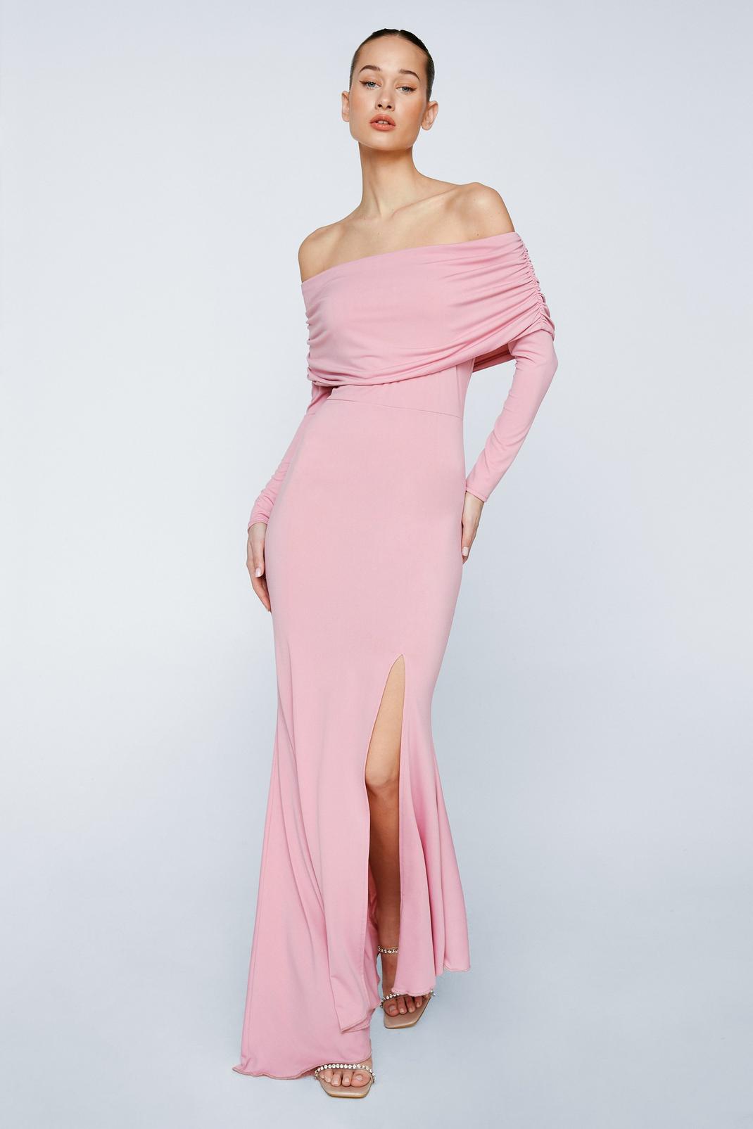 Pink Fold Over Bardot Long Sleeved Dress image number 1