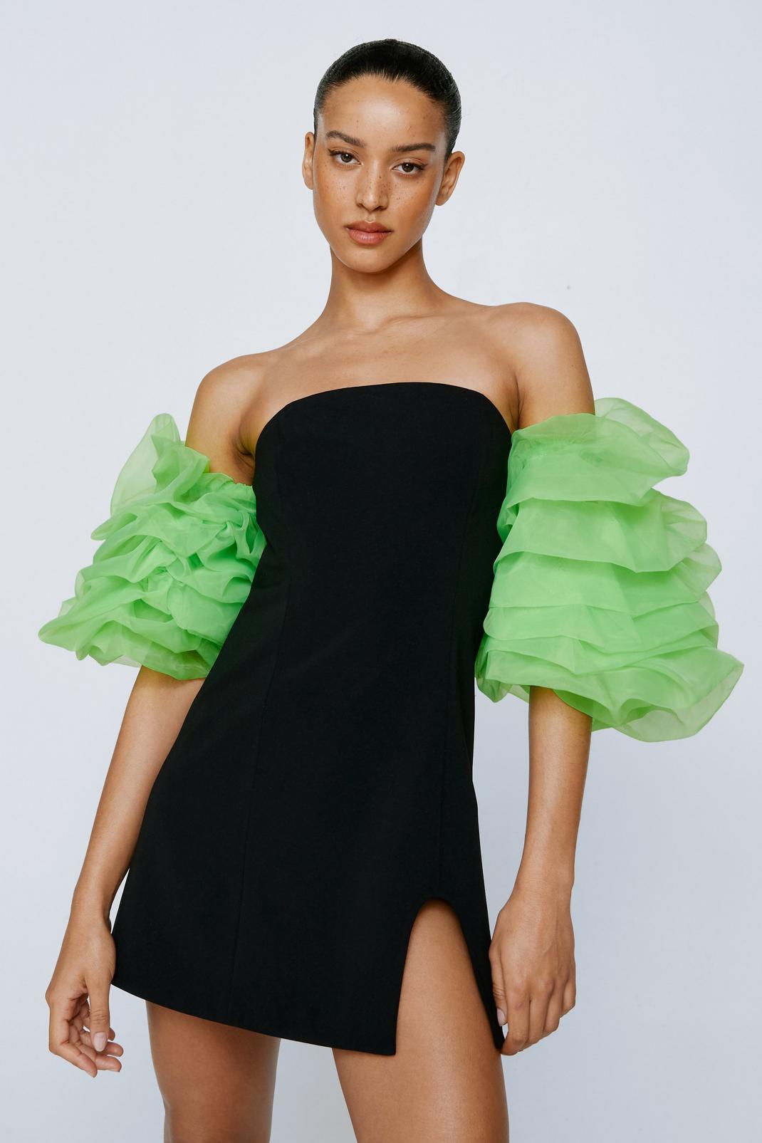 Black Premium Organza Puff Sleeve Mini Dress image number 1
