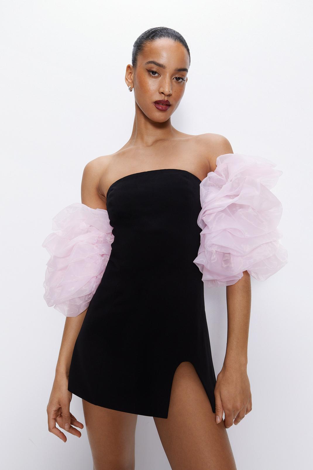 Black Petite Premium Organza Puff Sleeve Mini Dress image number 1