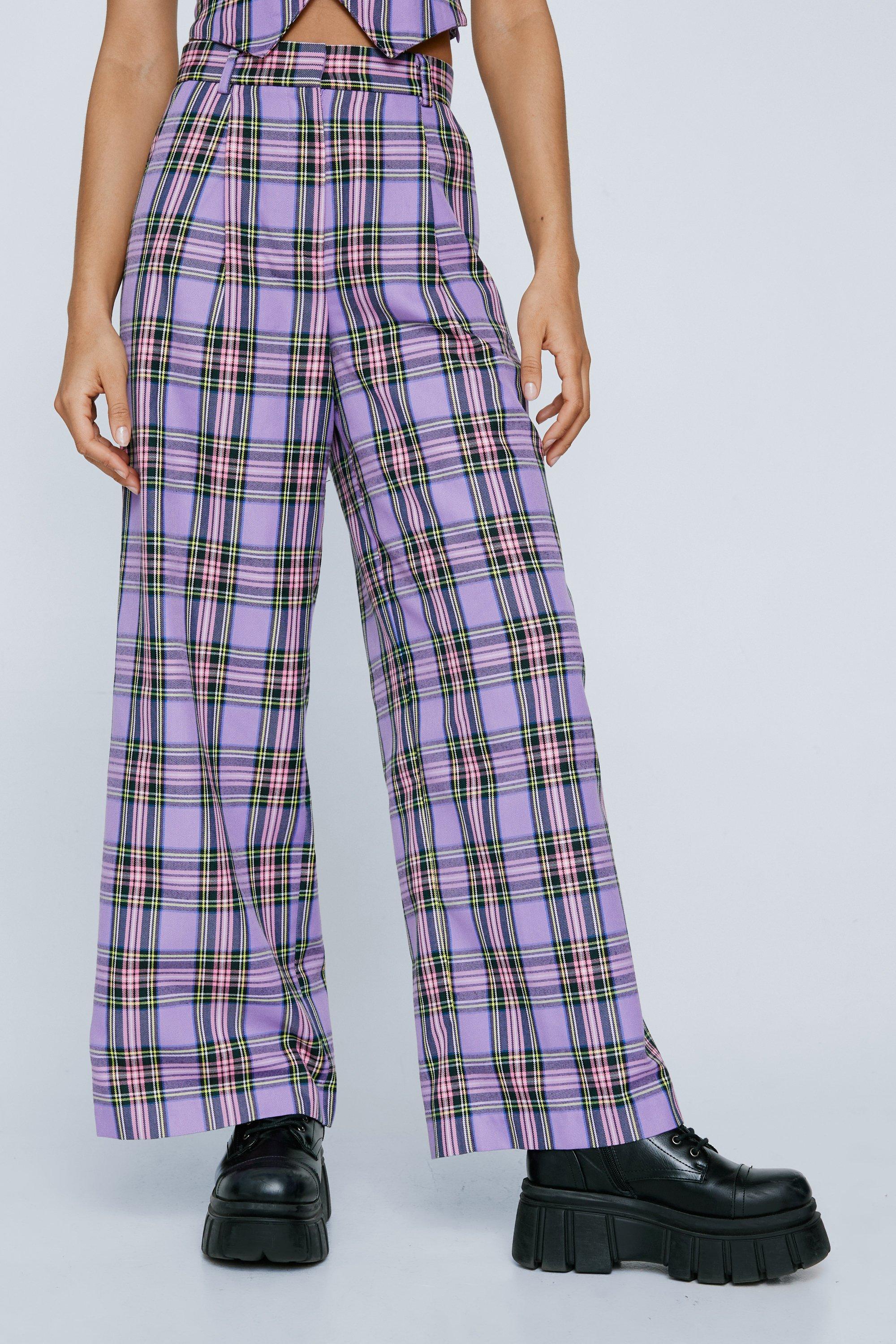 Red And Green Plaid Wide Leg Flannel Pants, Purple Door