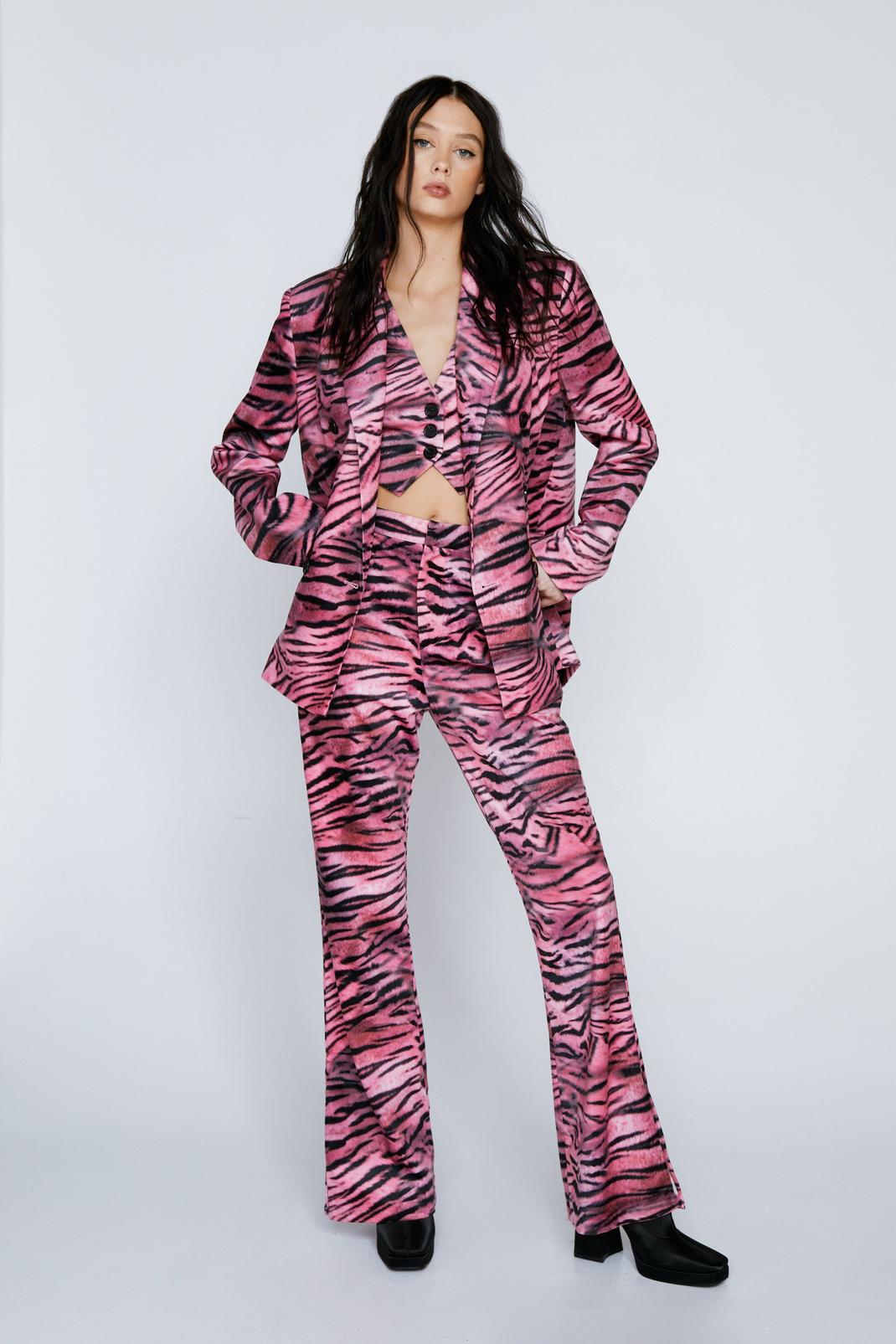 Pink Premium Velvet Zebra Flared Trousers image number 1