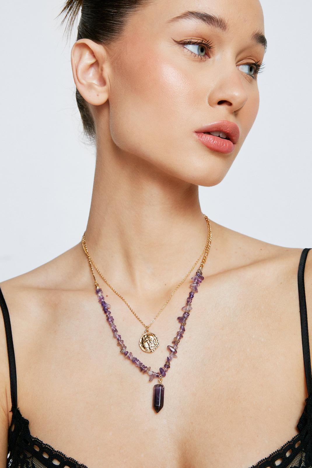Purple Crystal Embellished Layered Pendant Necklace image number 1
