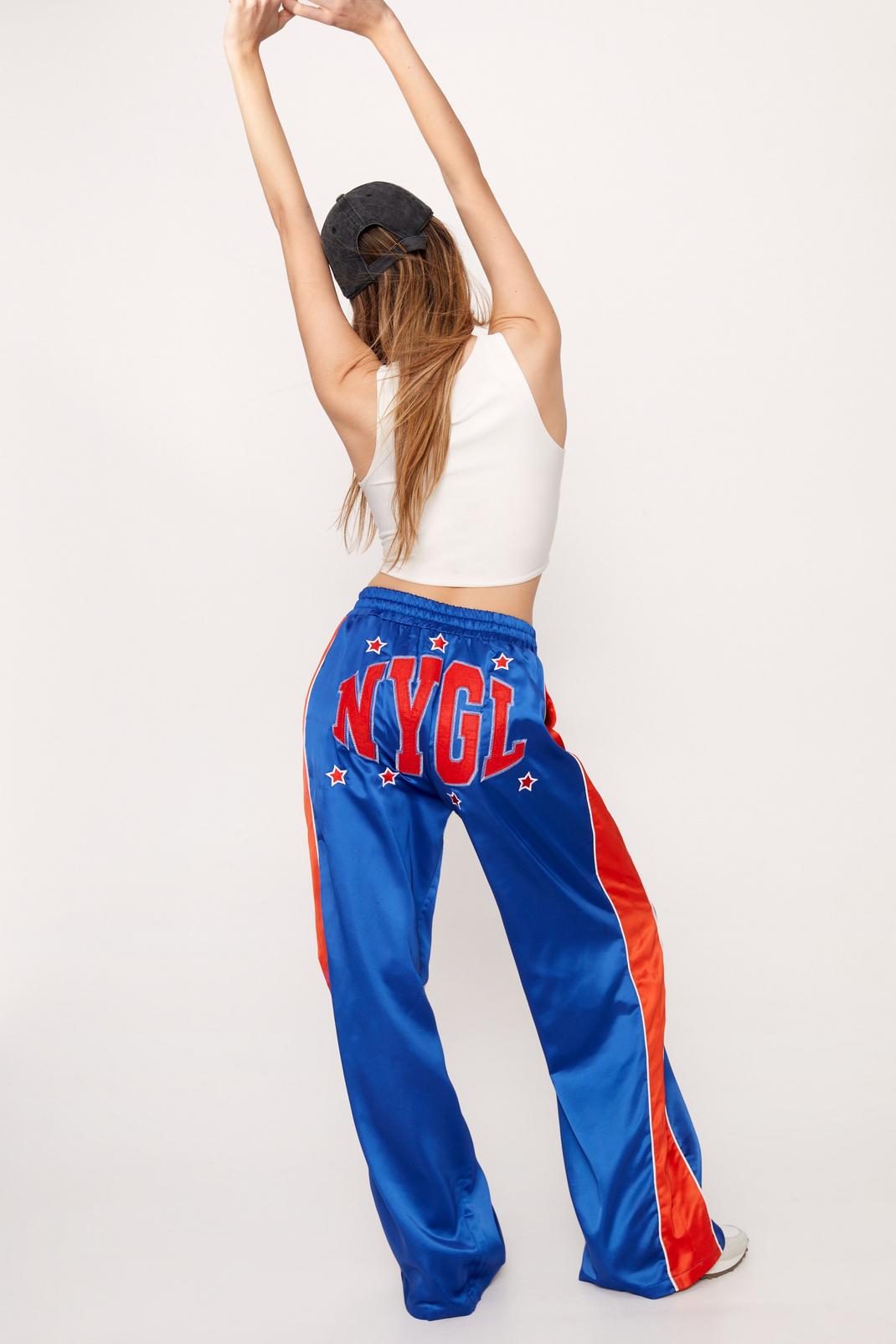 Blue Embroidered Satin Taping Wide Leg Pants image number 1