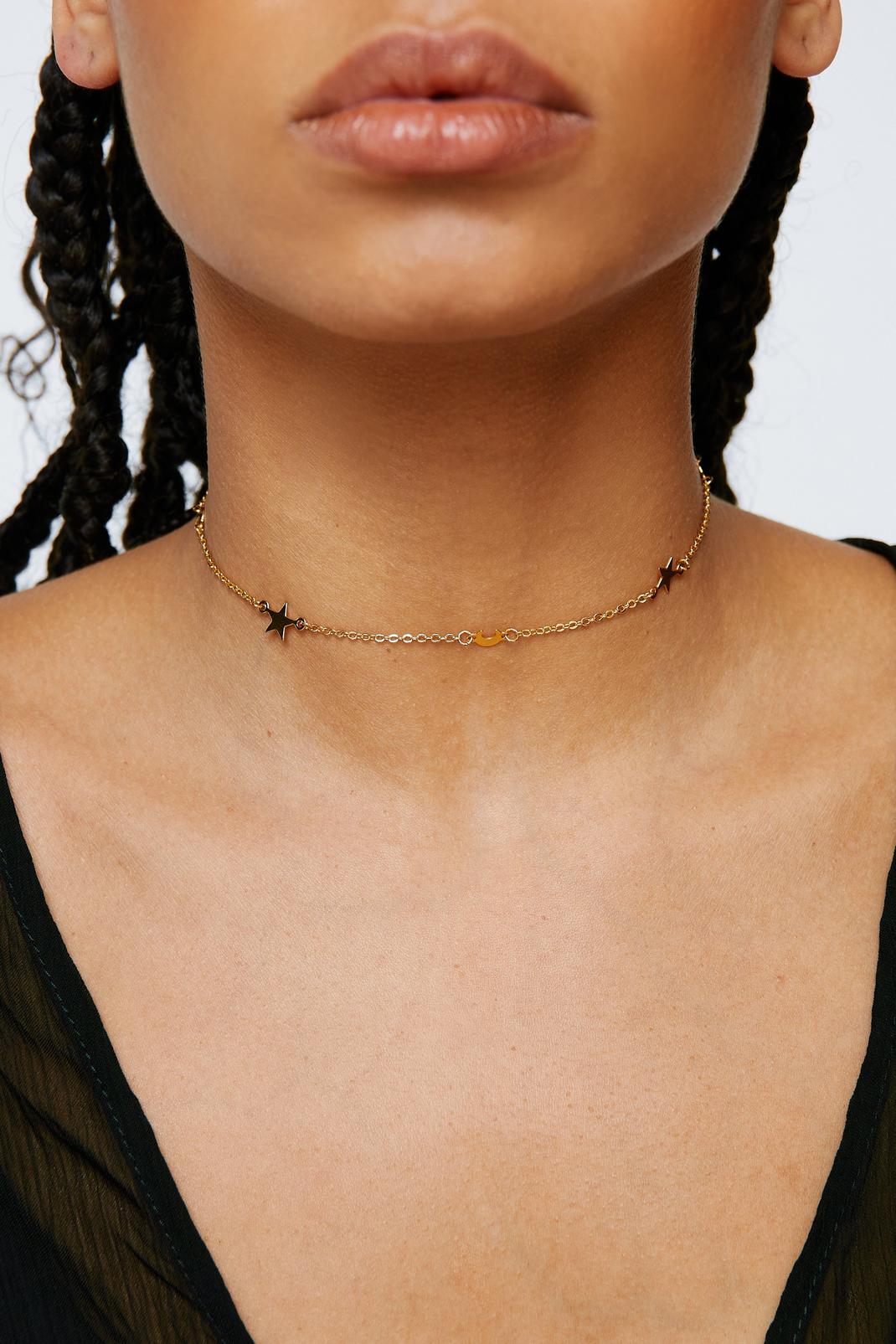 Gold Plated Moon & Star Choker Necklace image number 1