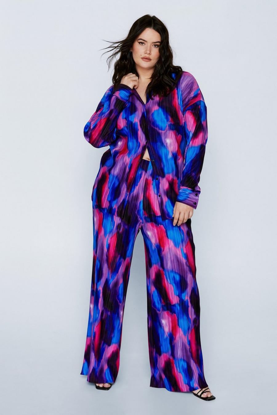 Plus Size Printed Plisse High Waisted Trousers