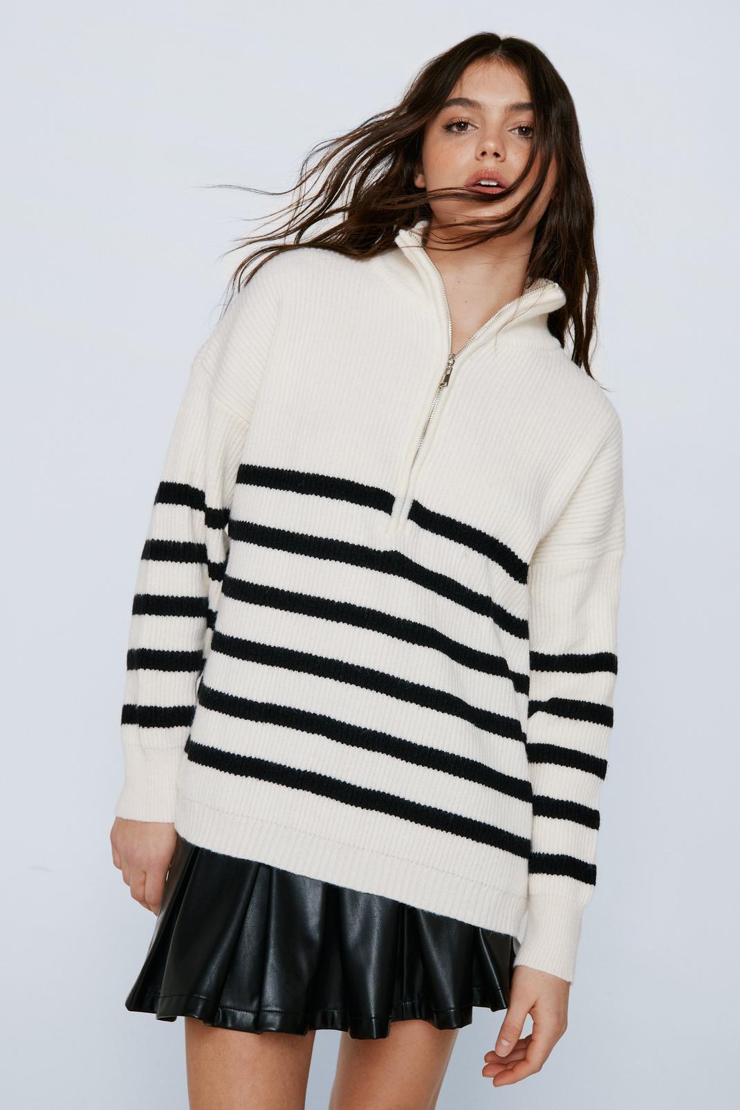 Ivory Breton Stripe Zip Front Sweater image number 1