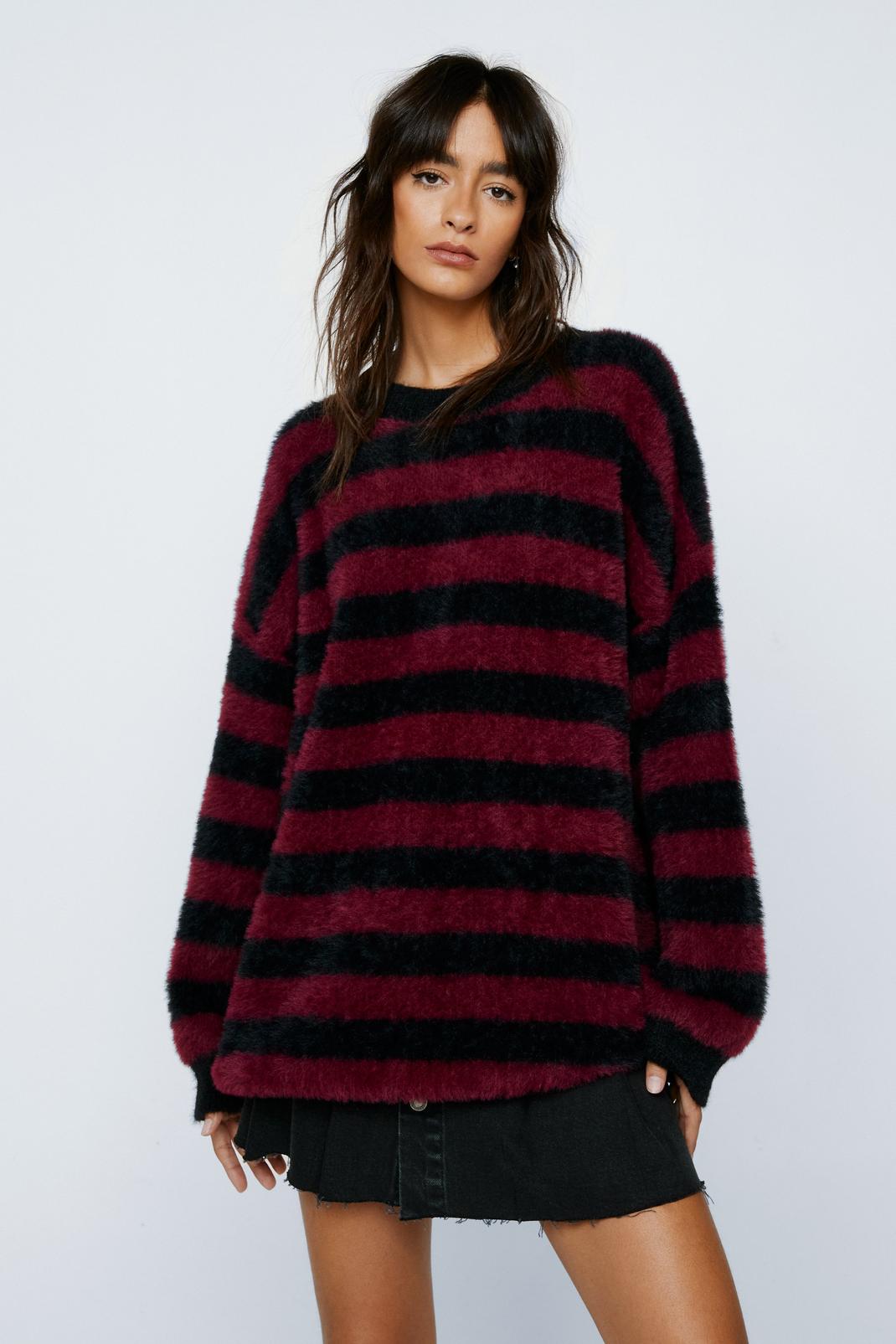 Burgundy Stripe Oversized Knitted Jumper image number 1
