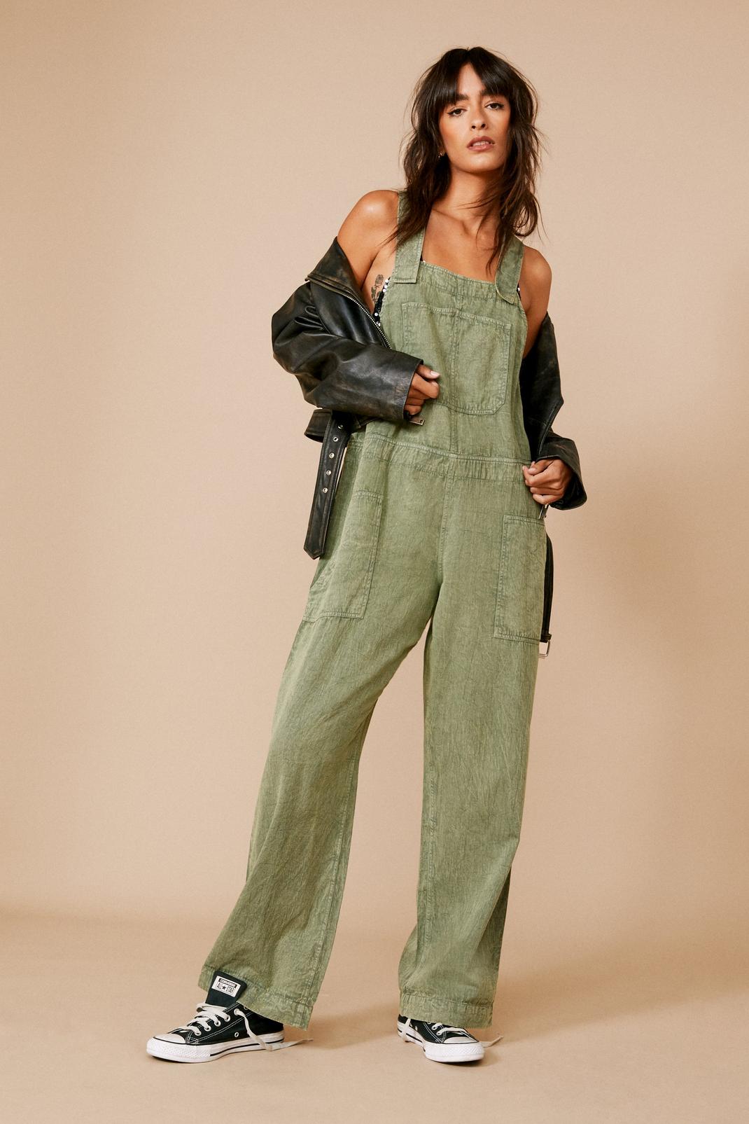 Khaki Twill Loose Fit Overalls image number 1