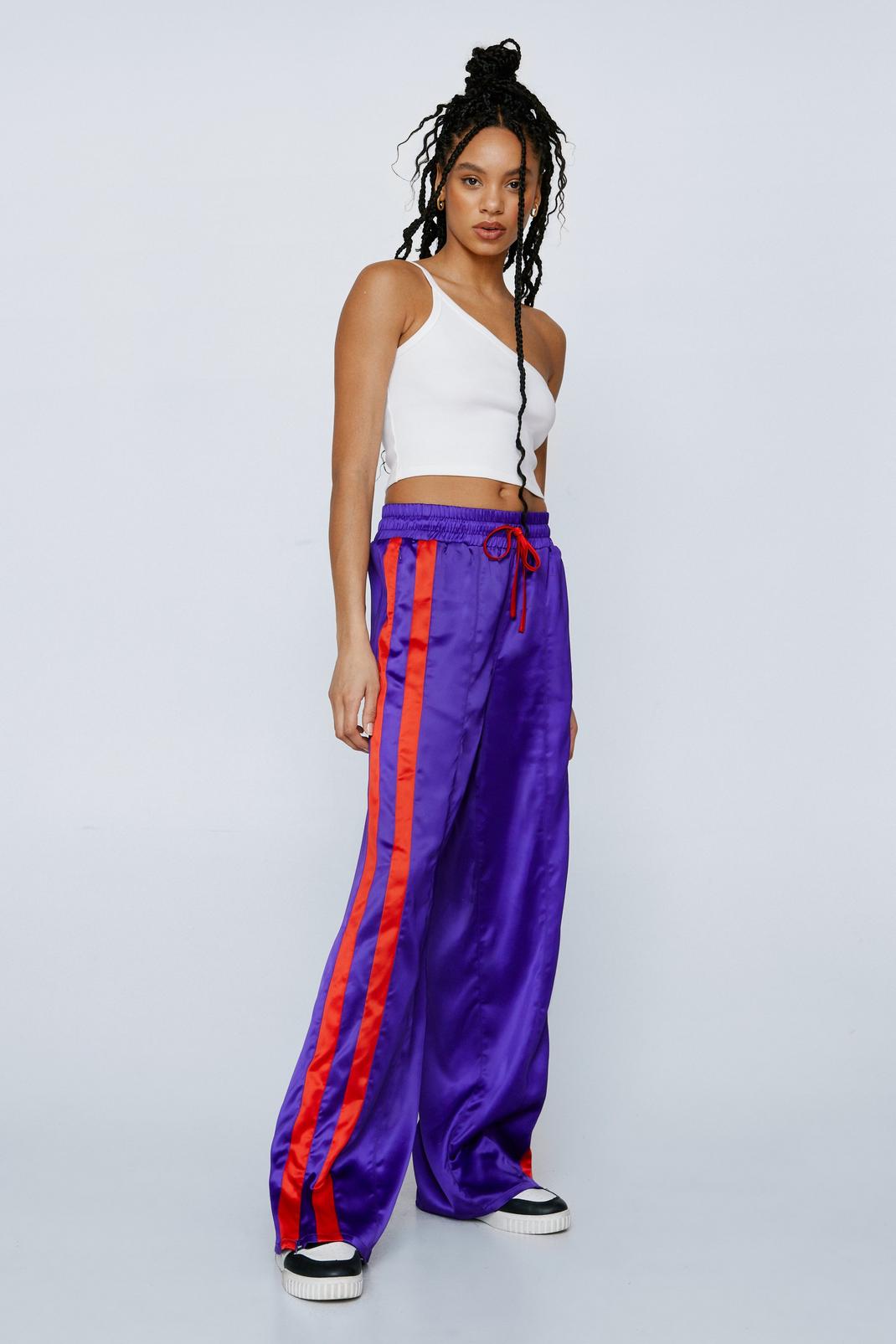 Purple Tape Detail Satin Wide Leg Trousers image number 1