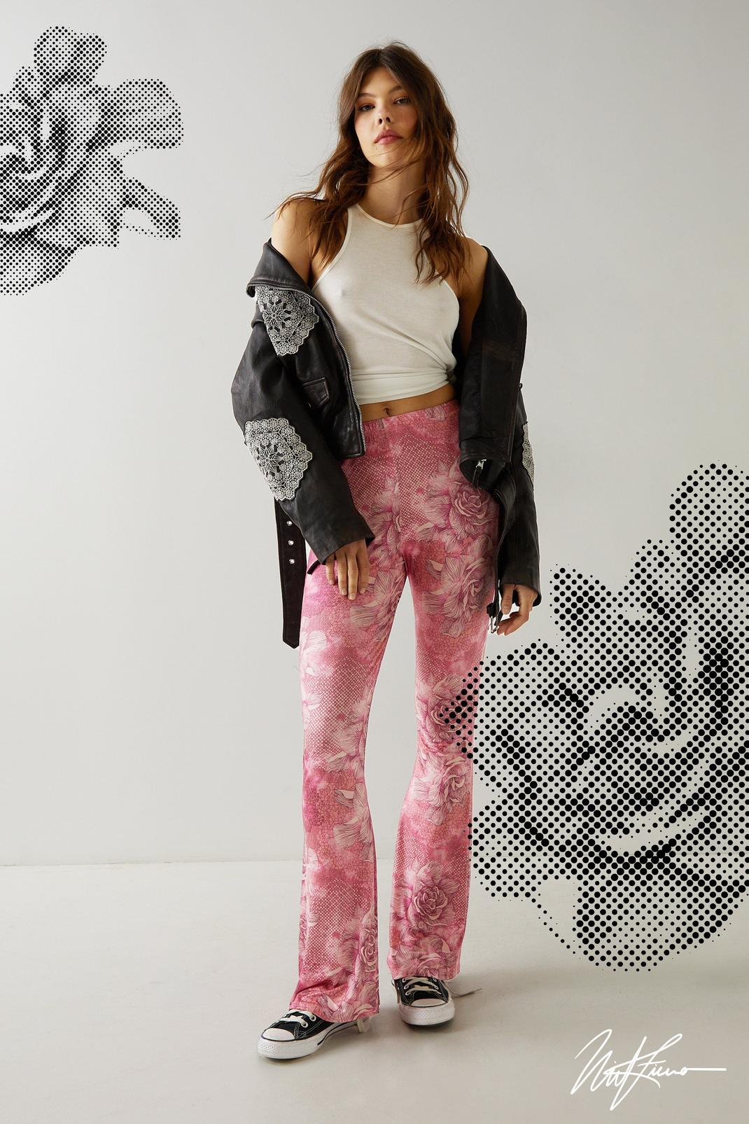 Pink Nasty Gal X Nick Fierro Tattoo Printed Flare Trousers image number 1