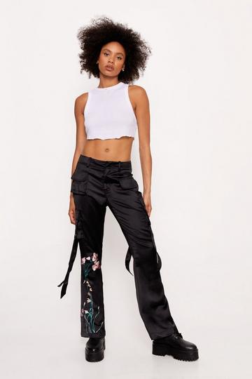 Black Satin Embroidered Strappy Cargo Pants