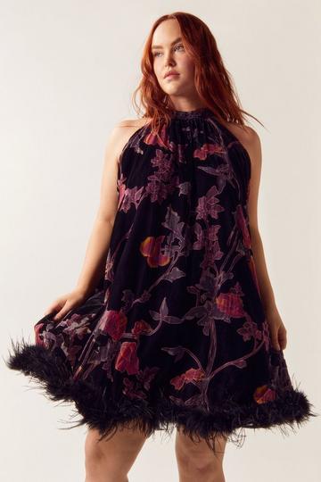 Plus Size Floral Devore Sleeveless Swing Dress black