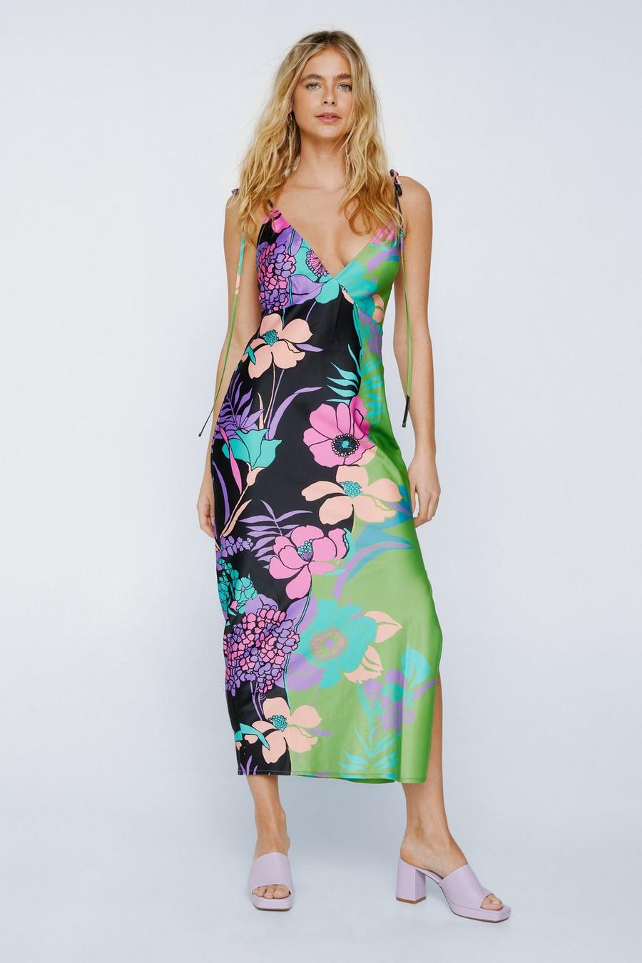 Color Block Floral Placement Strappy Satin Midi Dress