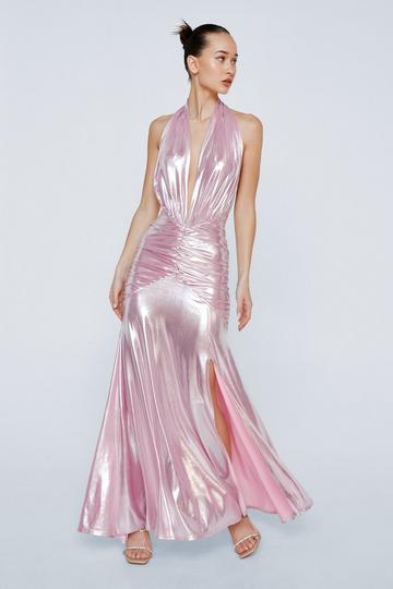Metallic Lame Halter Neck Ruched Dress pink