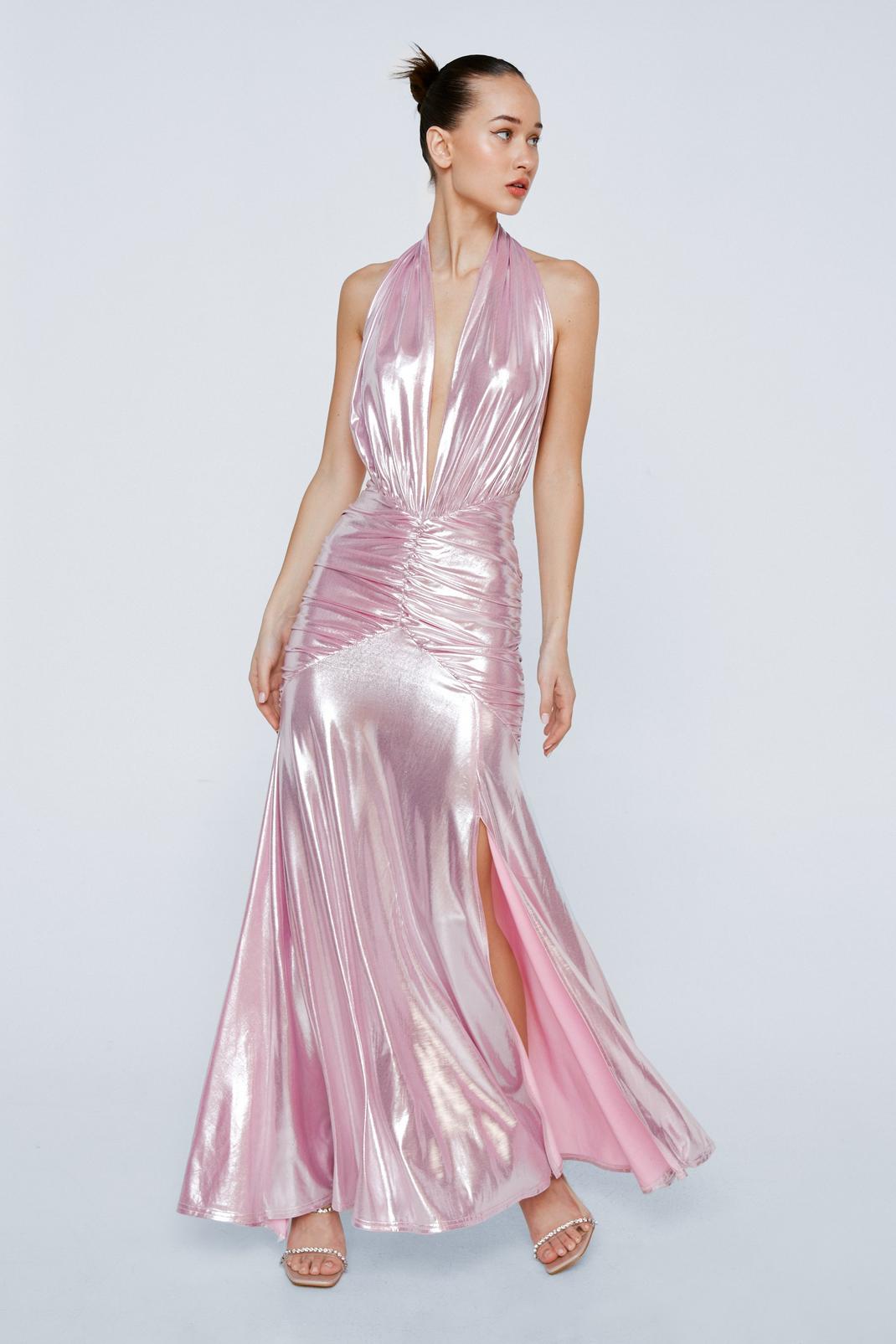 Pink Metallic Lame Halter Neck Ruched Dress image number 1