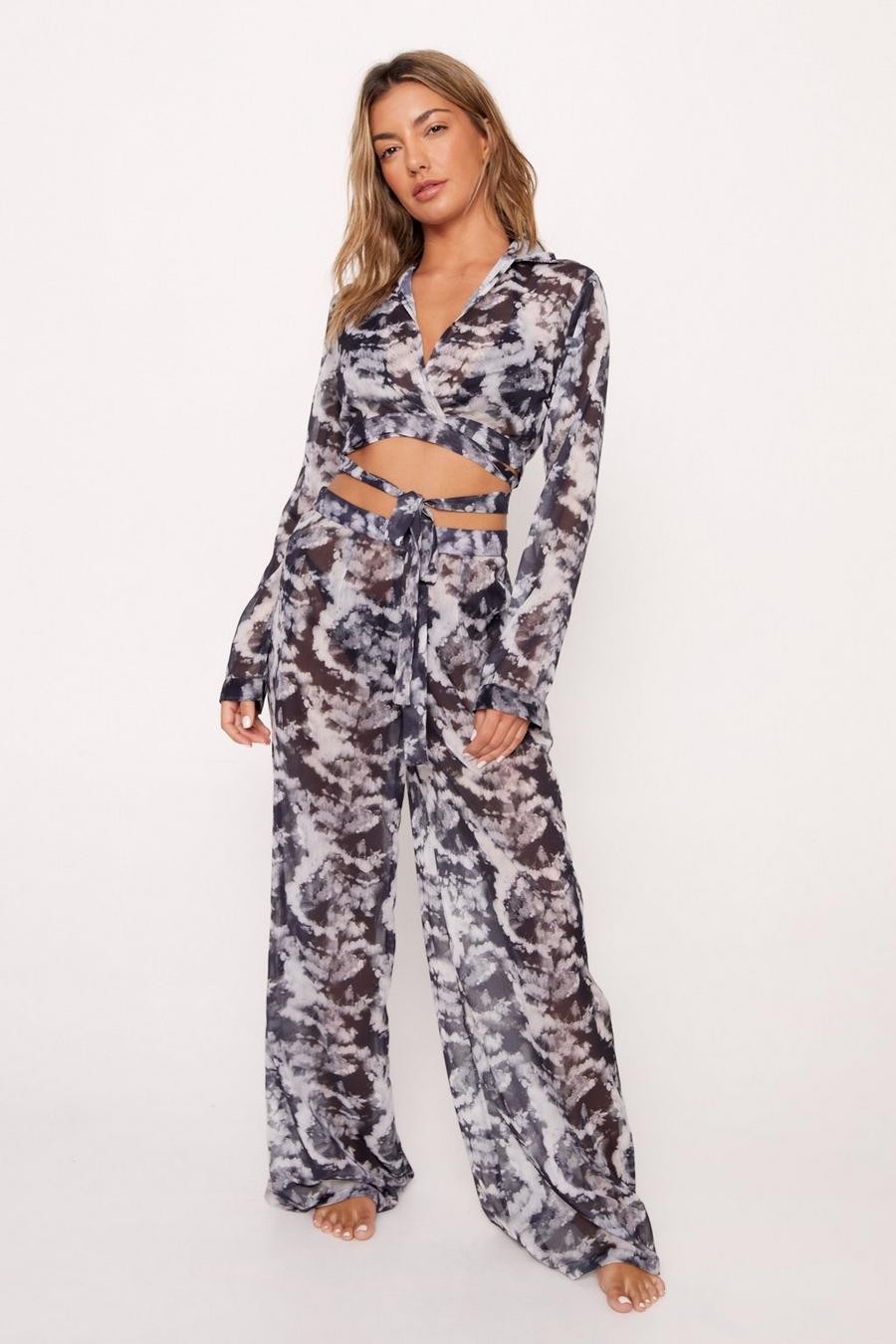 Basic Crinkle Chiffon Tie Dye Wide Leg Cover Up Trousers