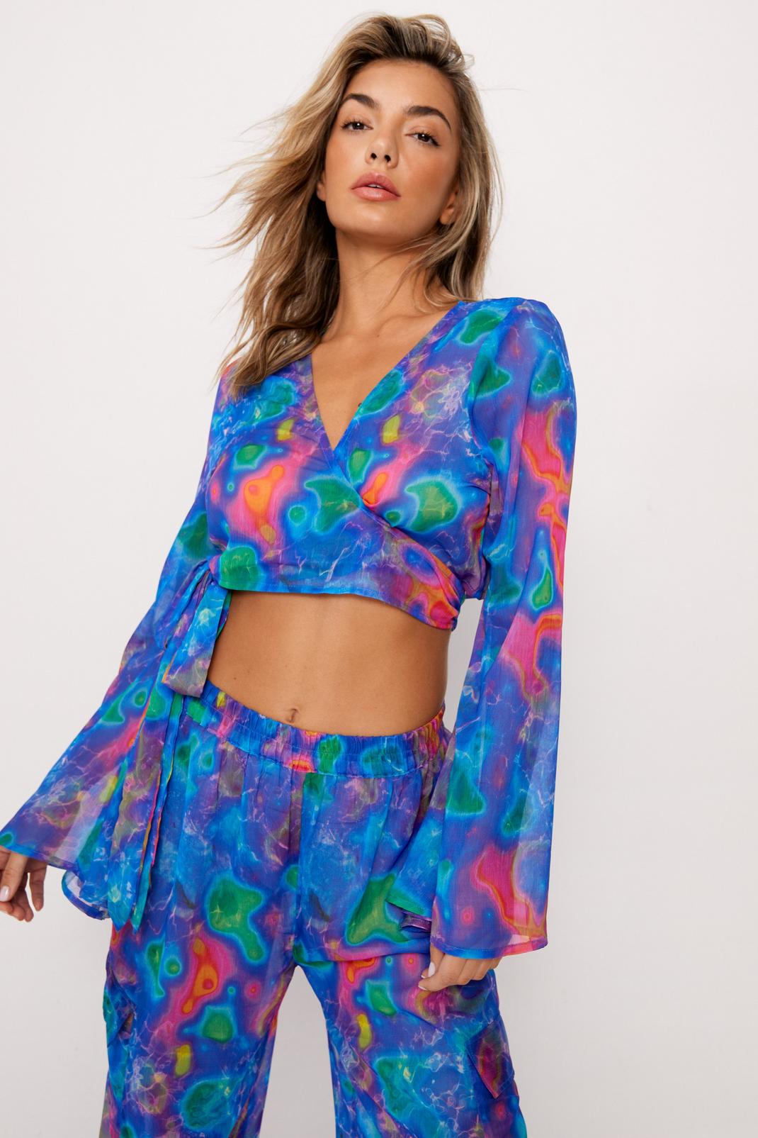Blue Basic Crinkle Chiffon Water Print Wrap Cover Up Top image number 1