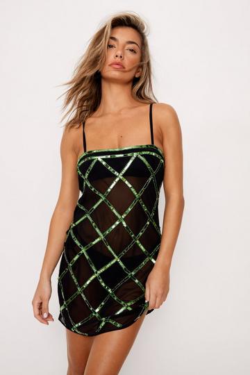 Green Premium Hand Sequin Diamond Mini Dress