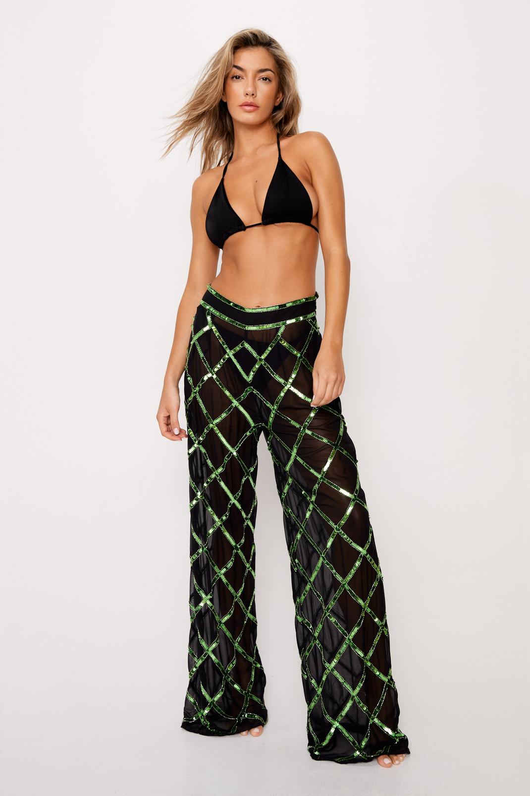 Pantalon large premium en mesh à sequins, Green image number 1