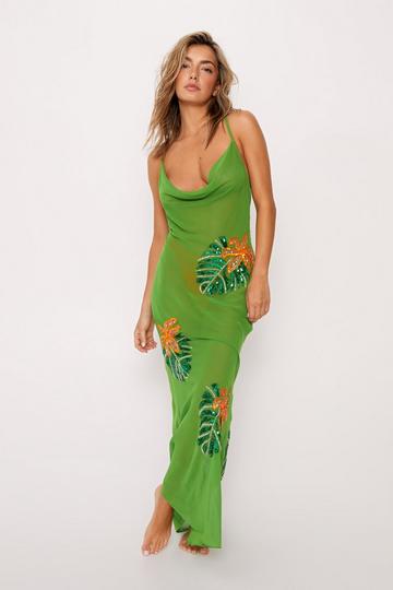 Green Tropical Palm Embellished Cowl Maxi Cover Up Dress