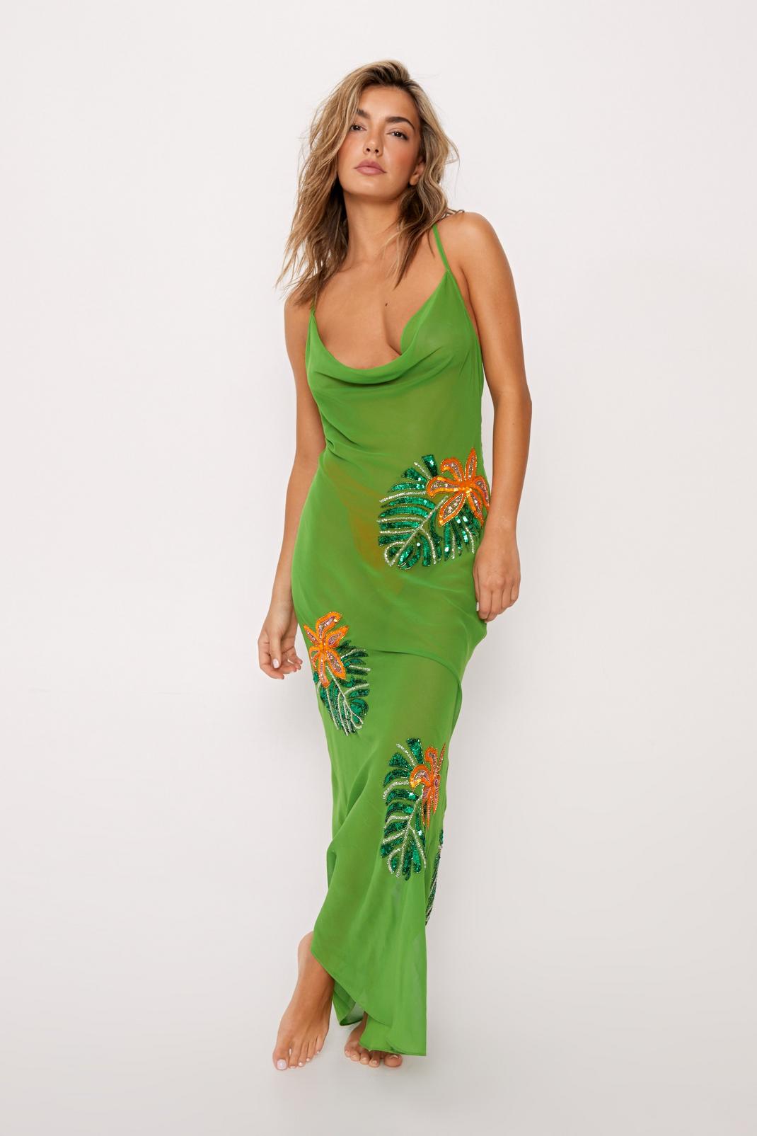 Bright green Tropical Palm Embellished Cowl Maxi Cover Up Dress image number 1