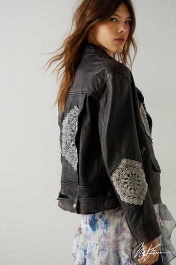 Embroidered Real Leather Jacket black