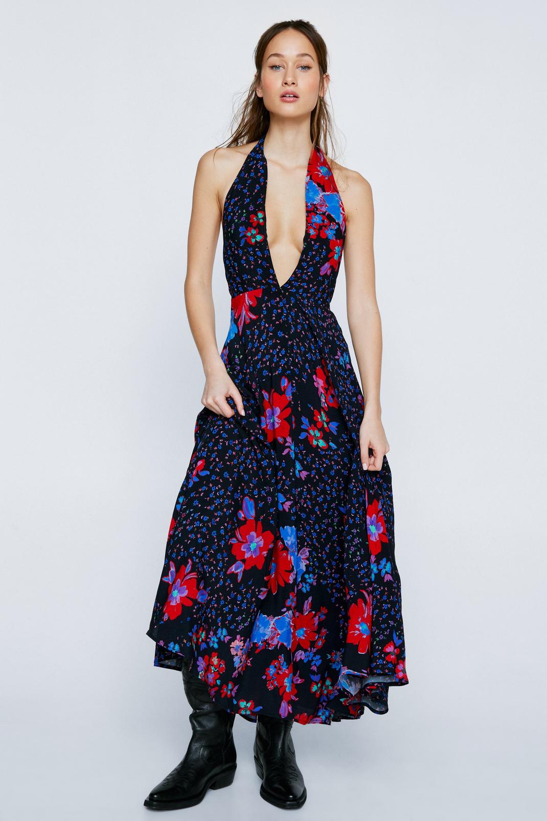 Blue Petite Plunge Halter Floral Maxi Dress image number 1