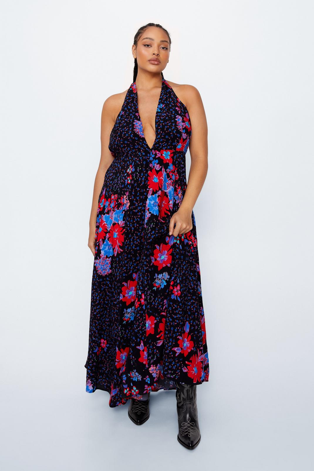 Blue Plus Size Plunge Halter Floral Maxi Dress image number 1