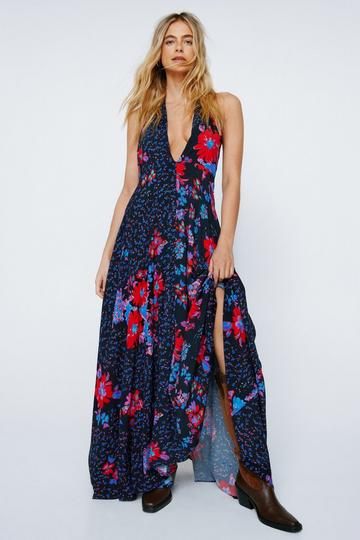 Plunge Halterneck Floral Maxi Dress blue