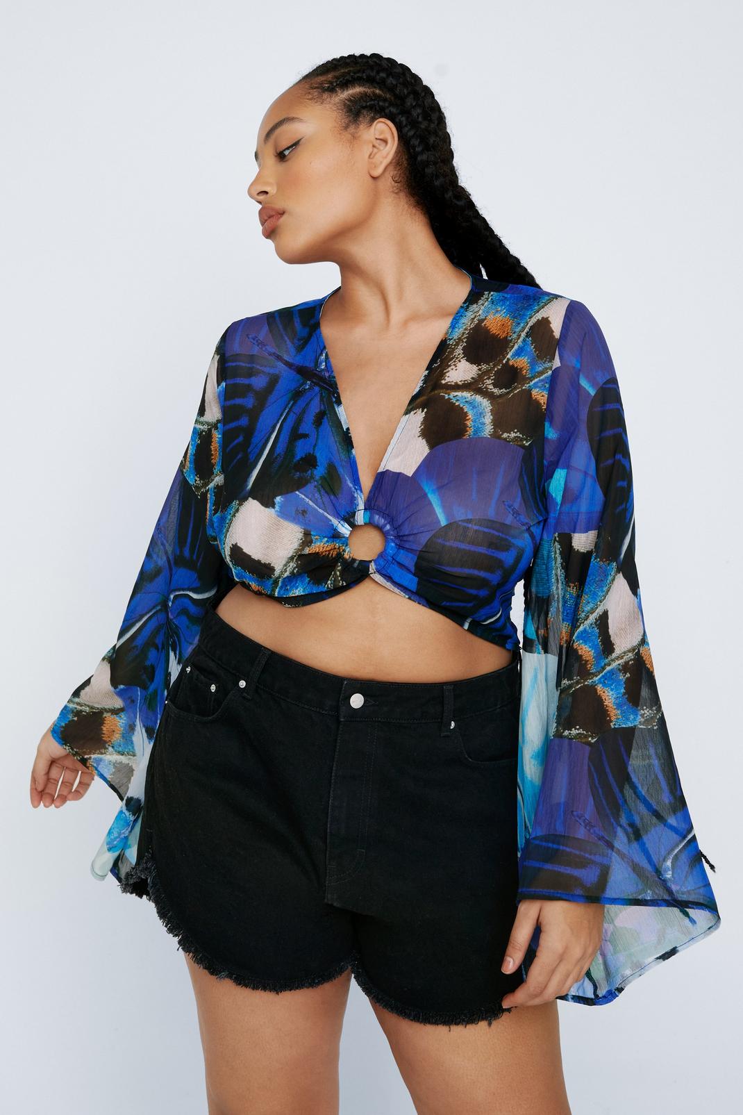 Blue Plus Size O Ring Butterfly Flared Sleeve Crop Top image number 1