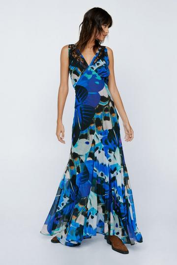 Blue Butterfly Applique Strappy Maxi Dress