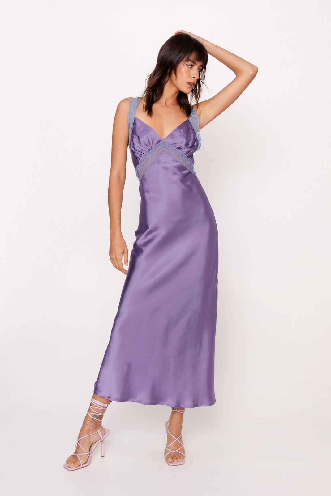 Lilac Lace Trim Satin Maxi Dress image number 1