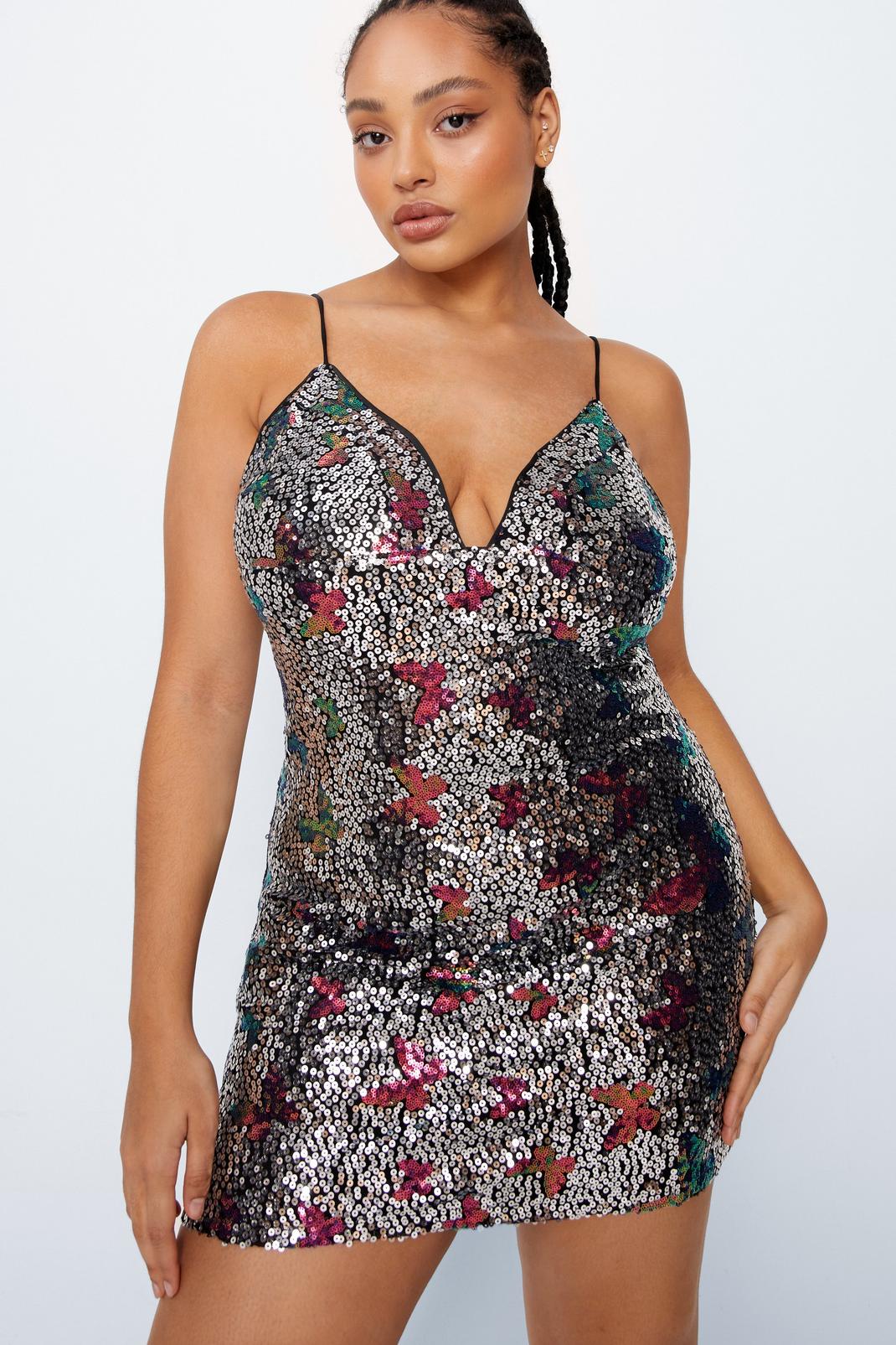 Black Plus Size Butterfly Sequin Cami Mini Dress image number 1