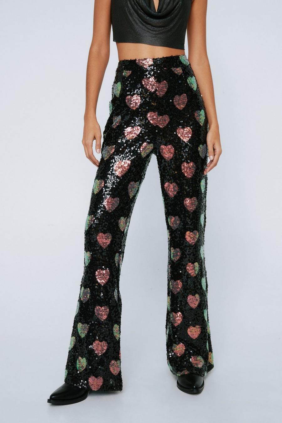 Heart Sequin Flared Pants