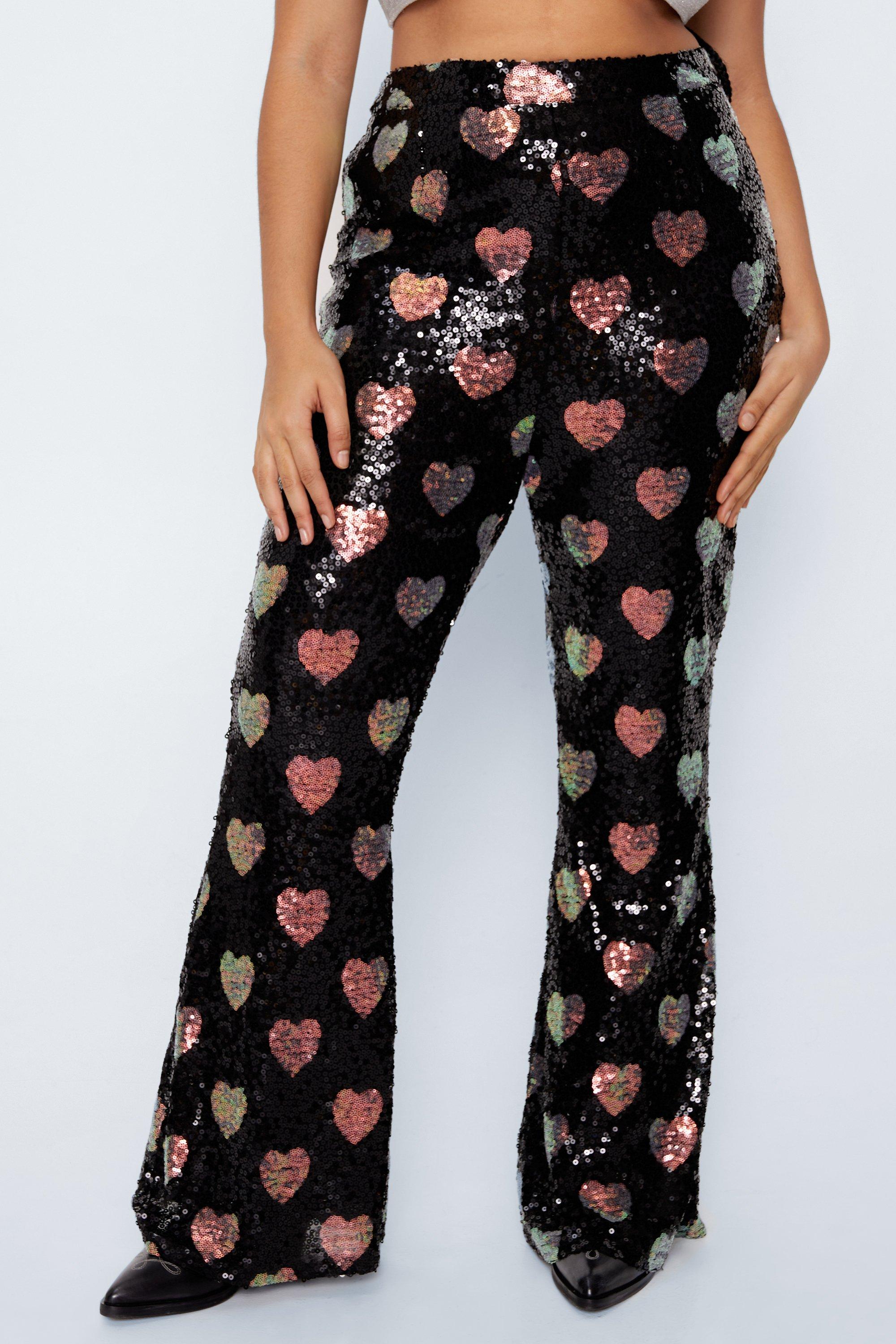 Plus Size Heart Sequin Flare Pants