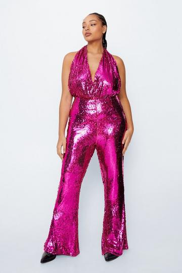 Pink Plus Size Sequin Halter Neck Flare Jumpsuit