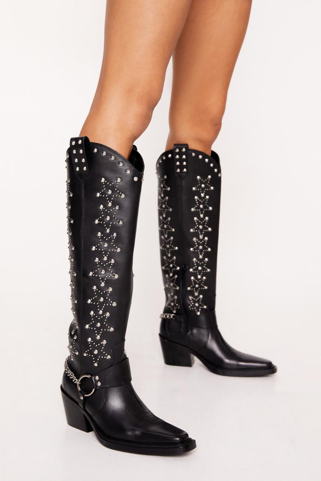 Black Leather Star Studded Knee High Cowboy Boots image number 1