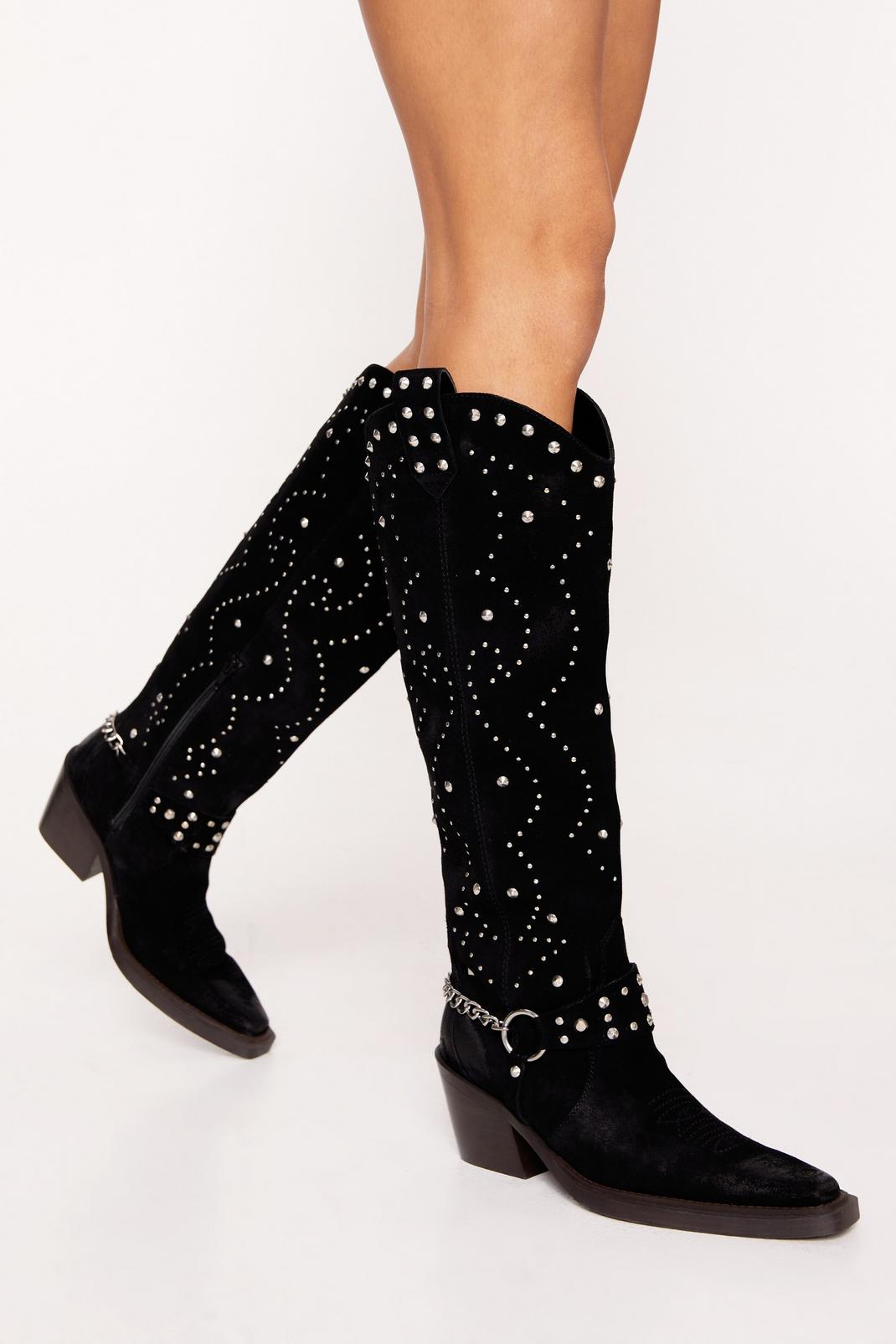Black Suede Studded Harness Knee High Cowboy Boots image number 1
