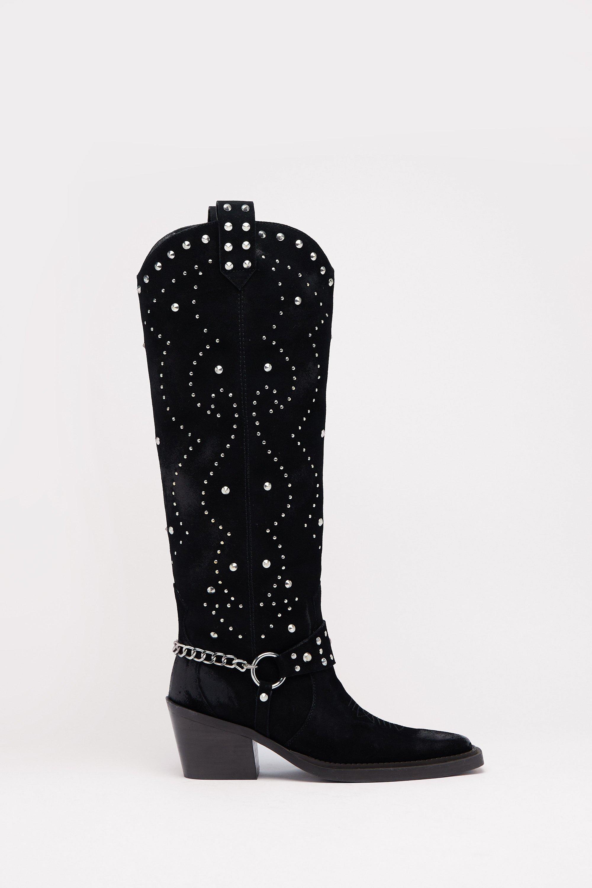 Suede Studded Harness Knee High Cowboy Boots