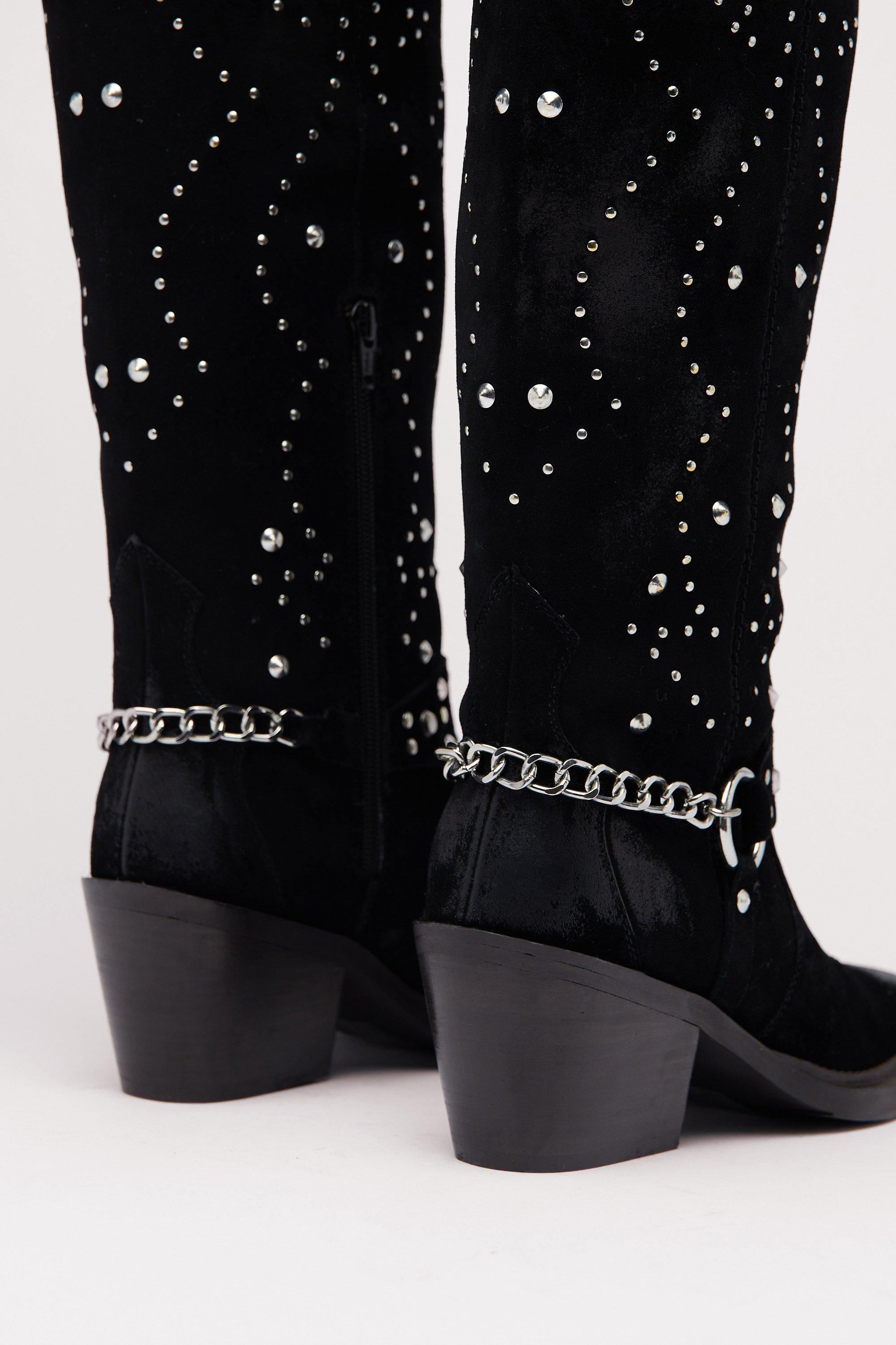 Suede Studded Harness Knee High Cowboy Boots