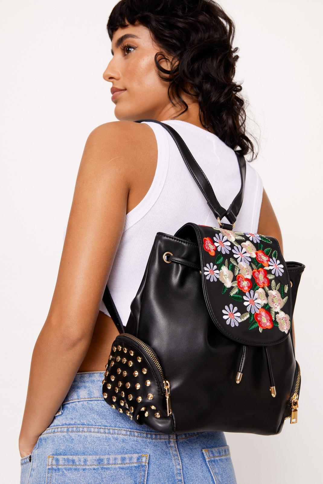 Black Floral Embriodery & Studded Backpack image number 1
