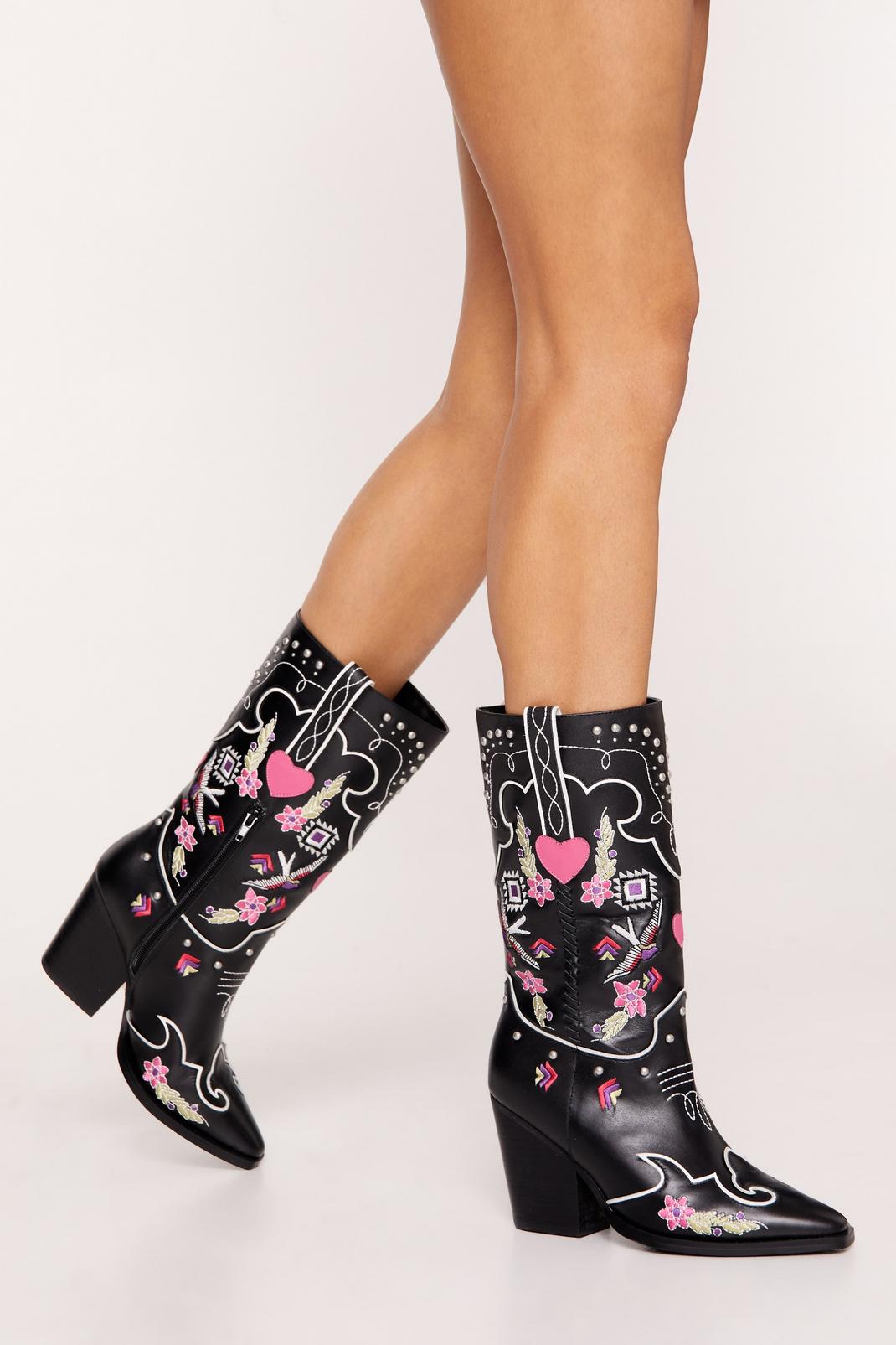 Black Leather Floral Embriodery & Heart Detail Cowboy Boots image number 1