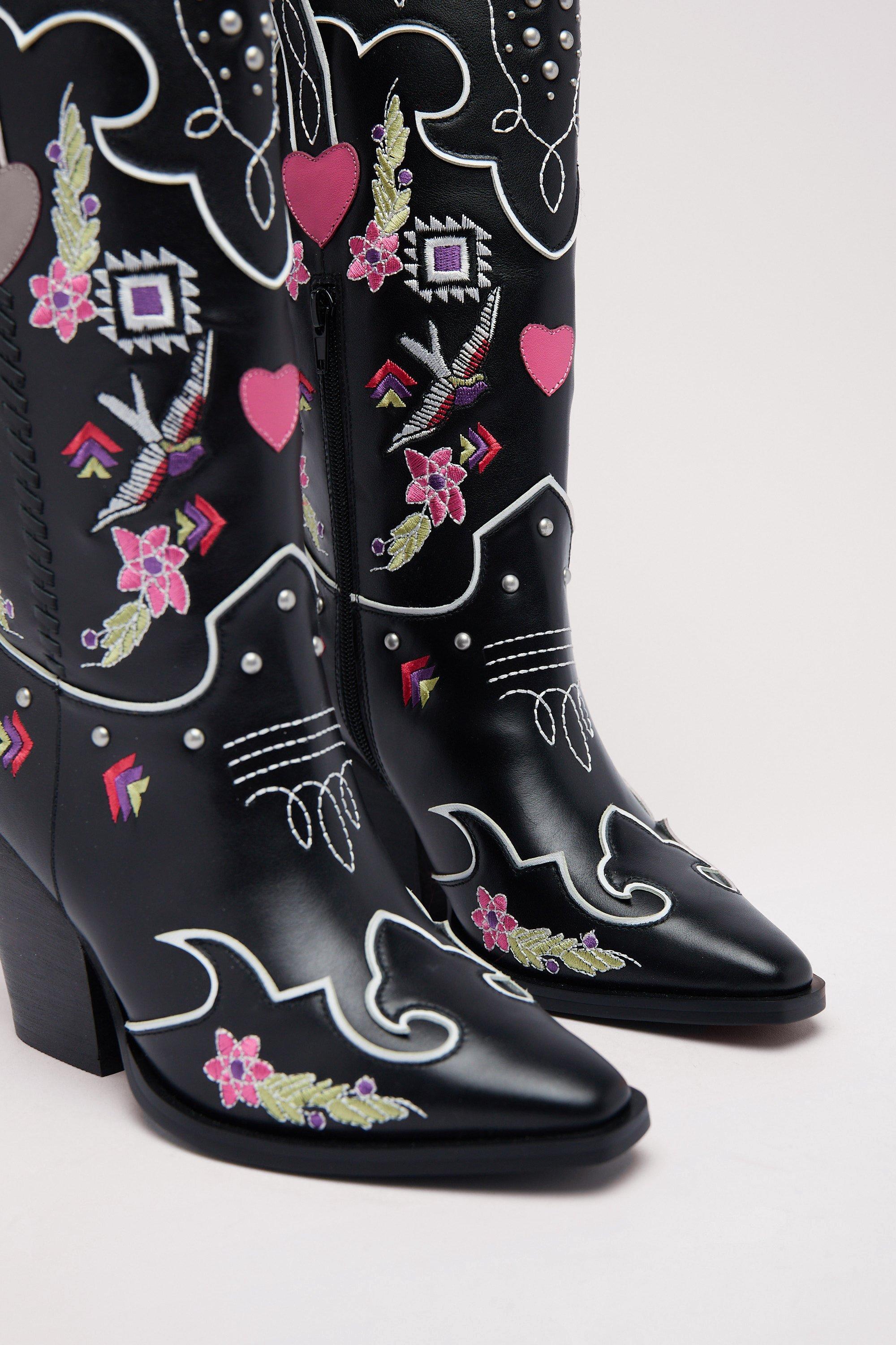 Leather Floral Embriodery Heart Detail Cowboy Boots