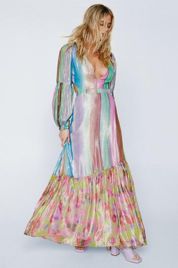 Floral Border Print Open Back Metallic Maxi Dress multi