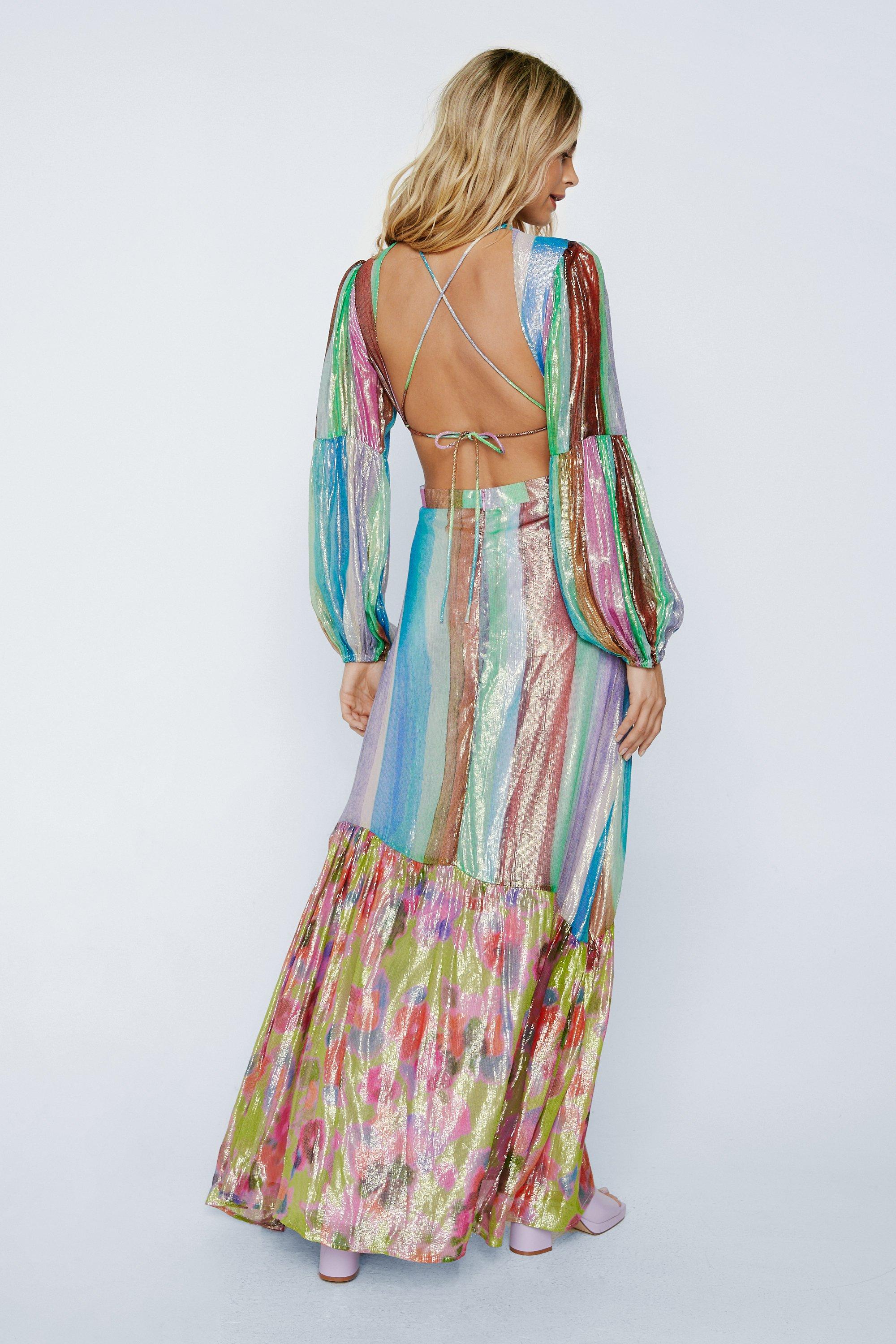 Mixed Print Open Back Maxi Dress