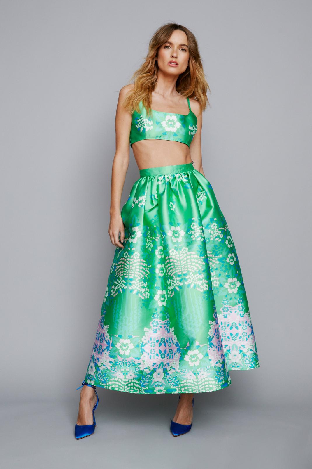 Lime Floral Print Structured Maxi Skirt image number 1